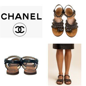 Chanel Chain CC Gladiator Sandals Black Size 39.5 $1025